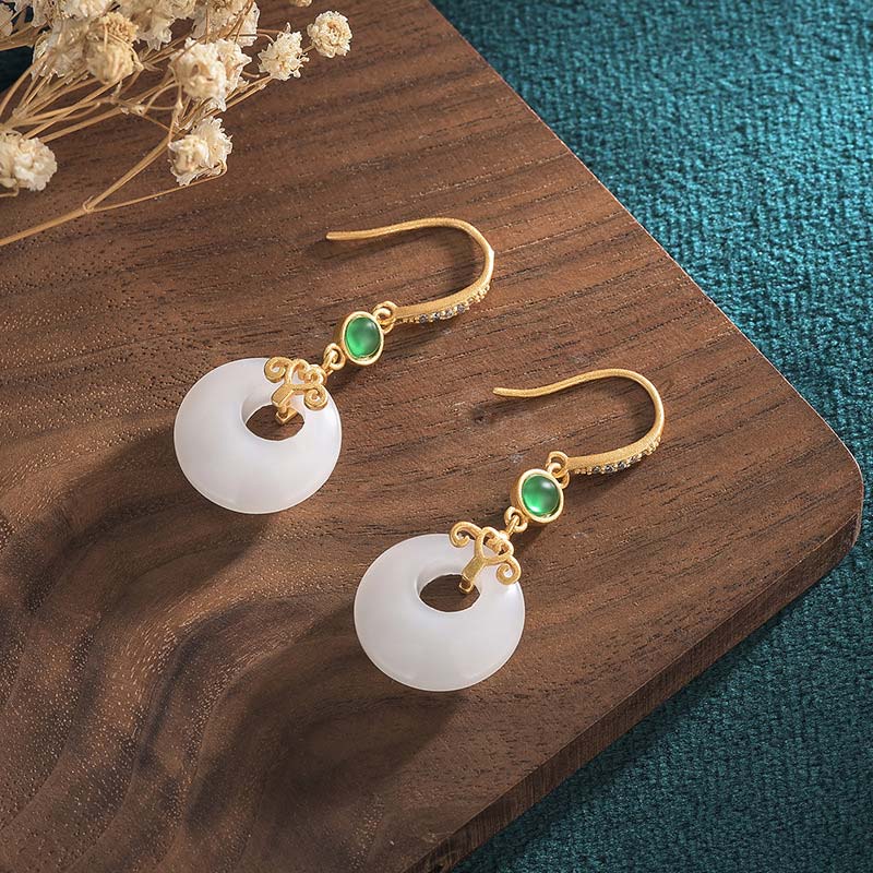 Buddha Stones FengShui White Jade Blessing Drop Earrings Earrings BS 16