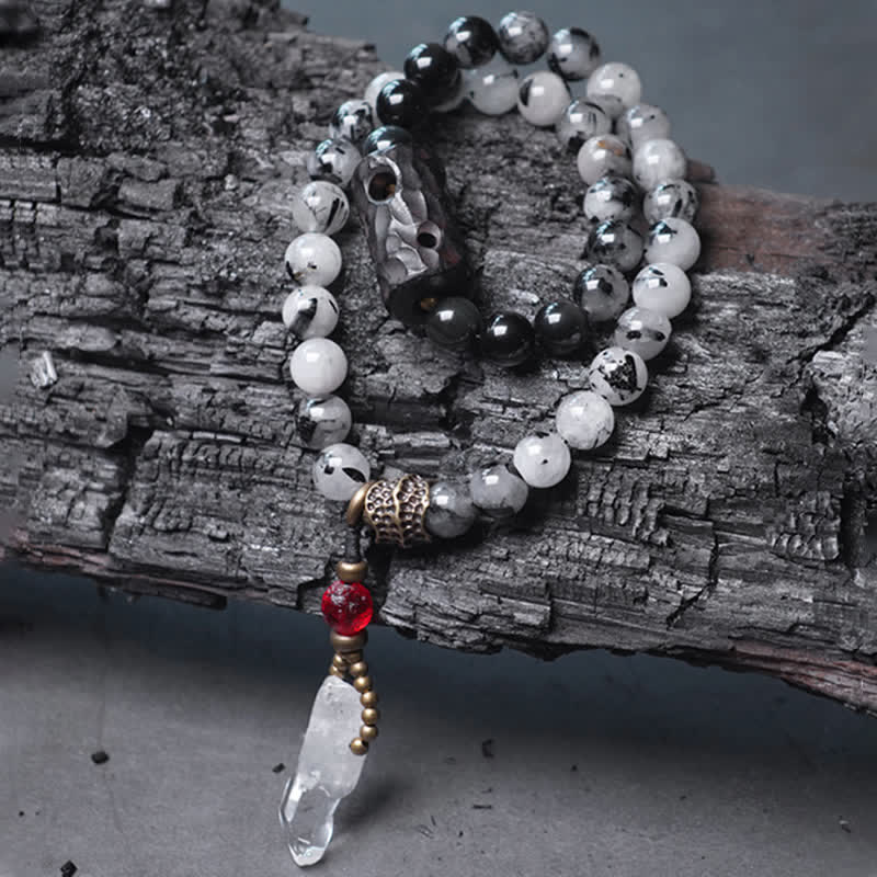 Buddha Stones Black Rutilated Quartz Ebony Wood White Crystal Success Couple Bracelet Bracelet BS 3