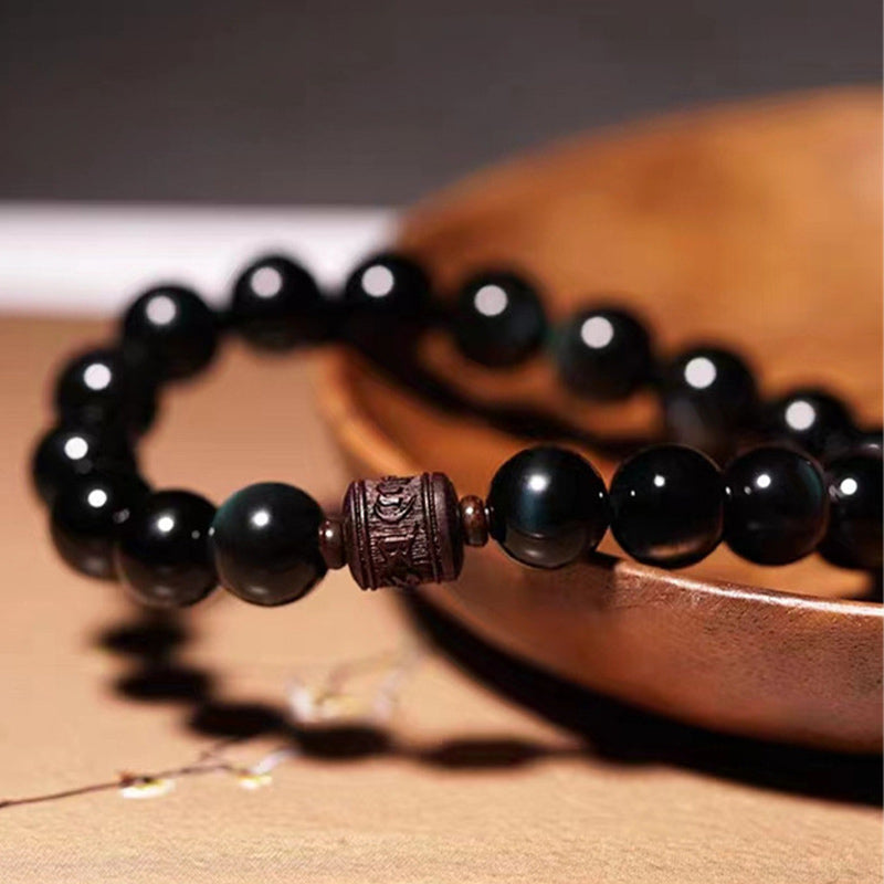 Buddha Stones Natural Gold Sheen Obsidian Rainbow Obsidian Om Mani Padme Hum Fu Character Healing Bracelet Bracelet BS 29