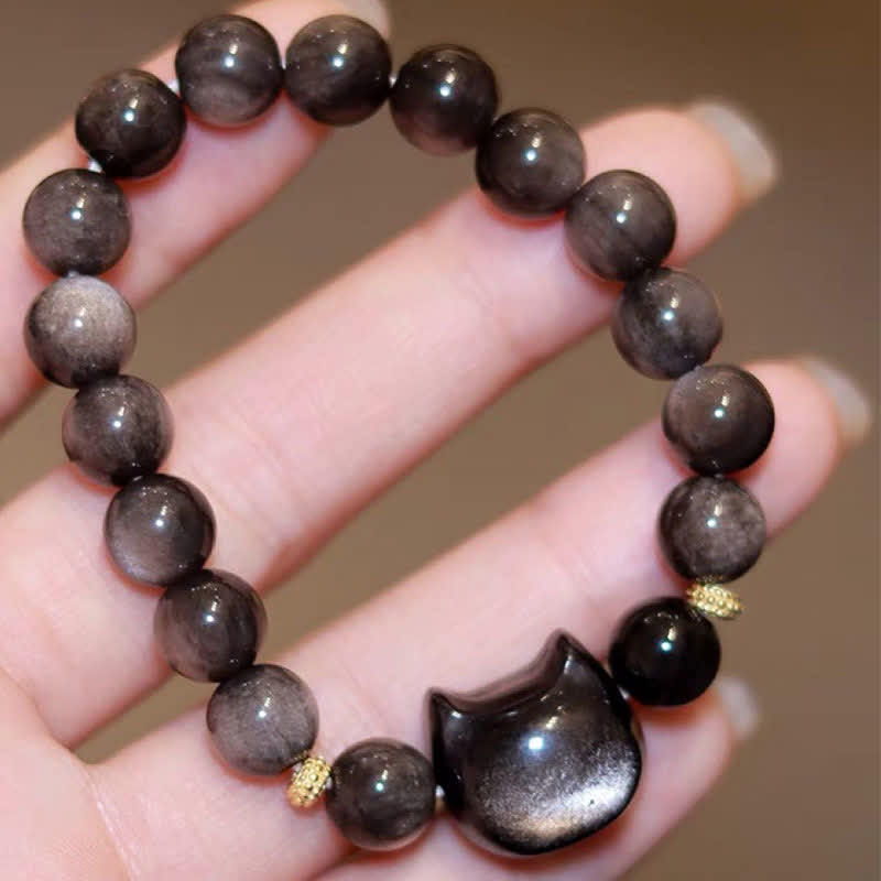 Foviel Gold Sheen Obsidian Silver Sheen Obsidian Lovely Paw Lucky Cat Protection Bracelet