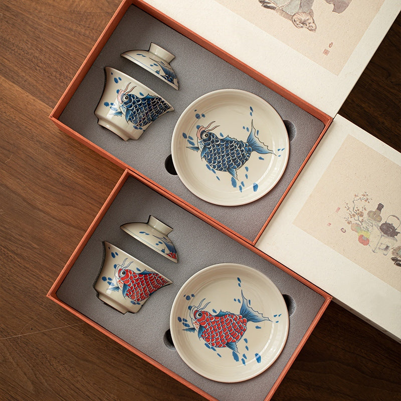 Buddha Stones Koi Fish Arowana Ceramic Gaiwan Sancai Teacup Kung Fu Tea Cup With Lid 130ml Cup BS 35
