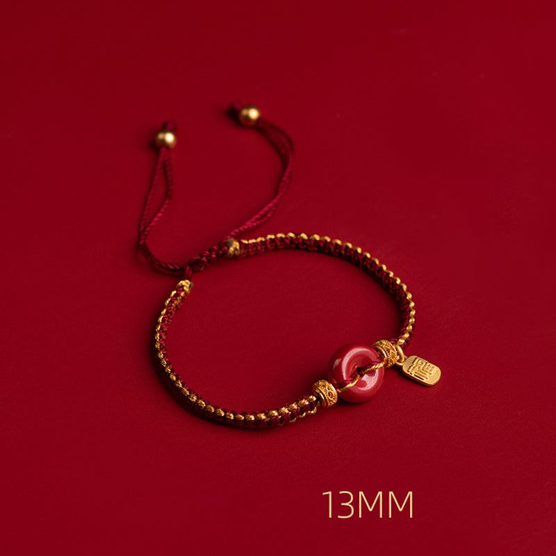 Buddha Stones Natural Cinnabar Peace Buckle Fu Character Charm Blessing Braided Bracelet Bracelet BS 10