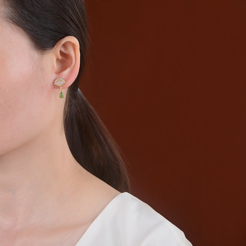 Buddha Stones White Jade Cyan Jade Fan Water Drop Pattern Luck Drop Earrings Earrings BS 2