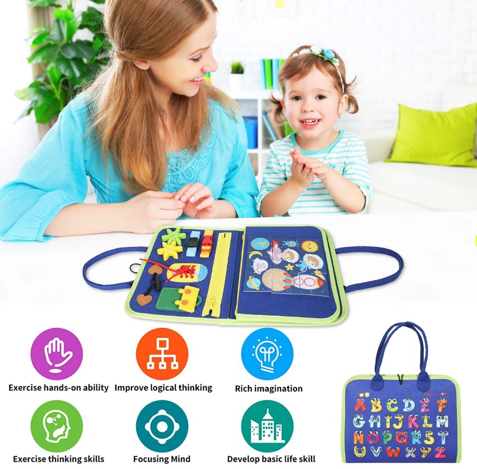 Fidtoy Tablero de Actividades 8 en 1 – Juguete Educativo con Forma de Bolso para Niños Pequeños de 2+ Años