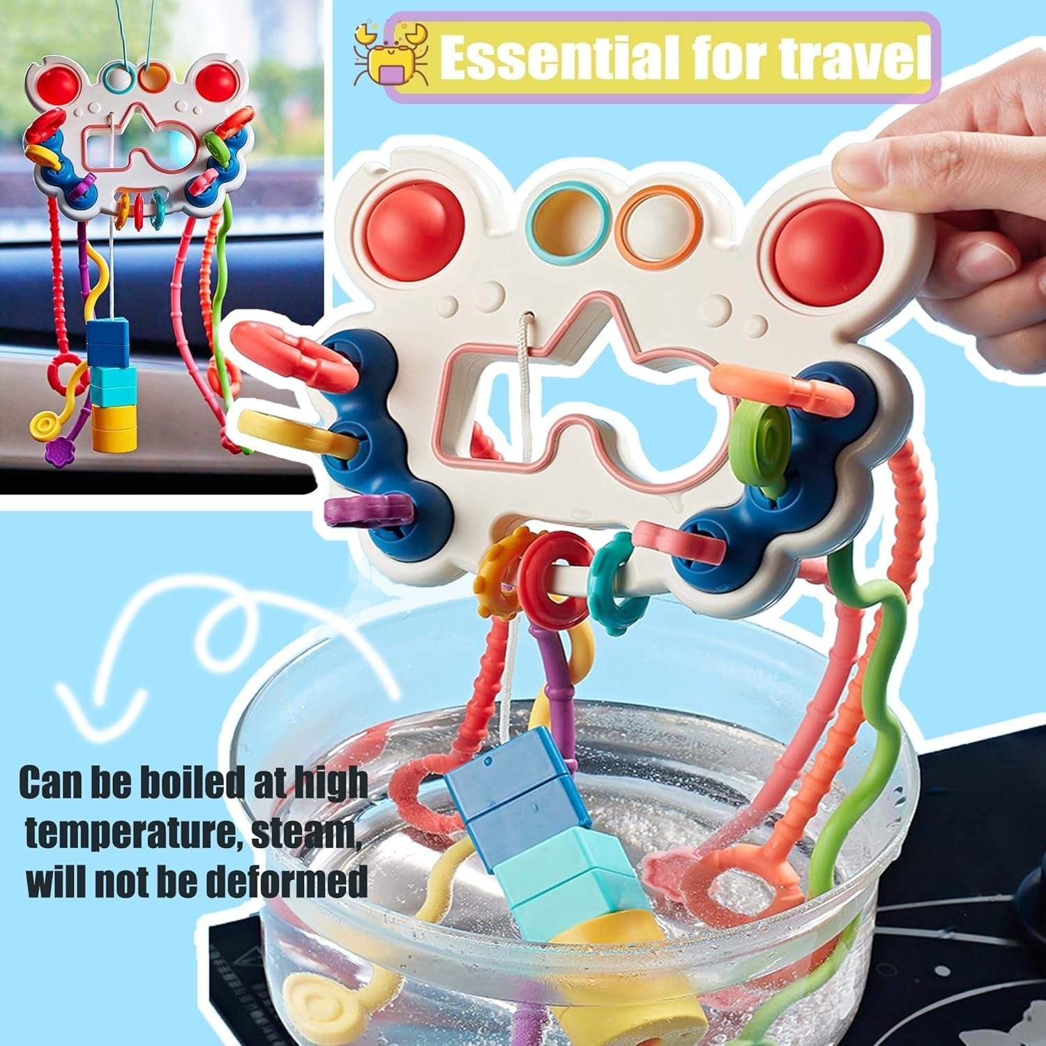 Fidtoy 5-in-1 Pull String Motor Skills and Sensory Activity Toy for Babies, Crab-Shaped Silicone Pull Toy with Press Buttons, Textures, Fine Motor and Travel Play Age 0–2