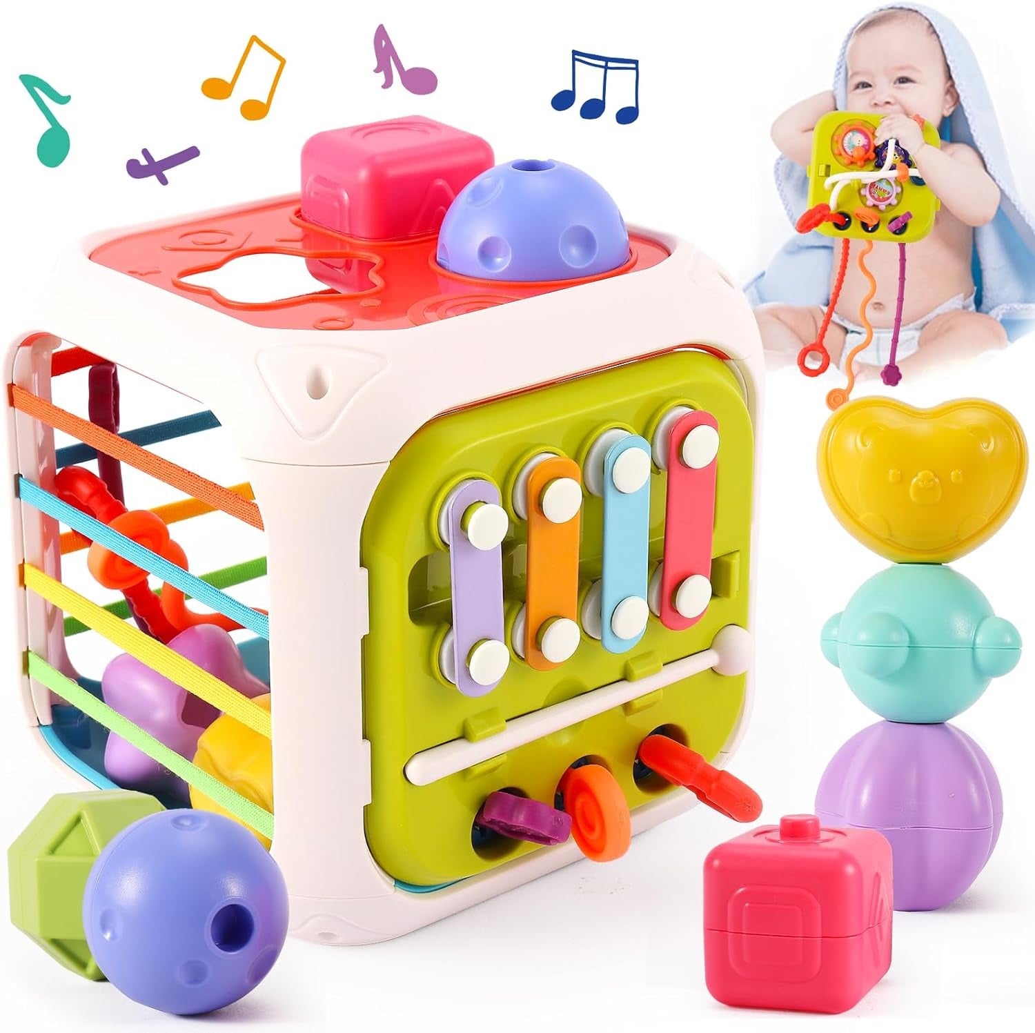 Fidtoy 7-in-1 Multifunctional Shape Sorting Box for Toddlers, Montessori Activity Cube with Shape Sorter, Beads, Gears, Pull String and Stacking Blocks