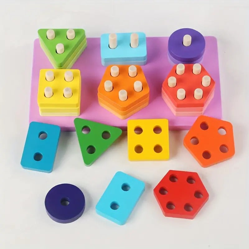 Fidtoy Wooden Building Blocks and Six Column Sets for Kids | Montessori Construction Blocks, Shape & Color Recognition, Pattern Matching, Spatial Awareness & Fine Motor Toy Age 2-6