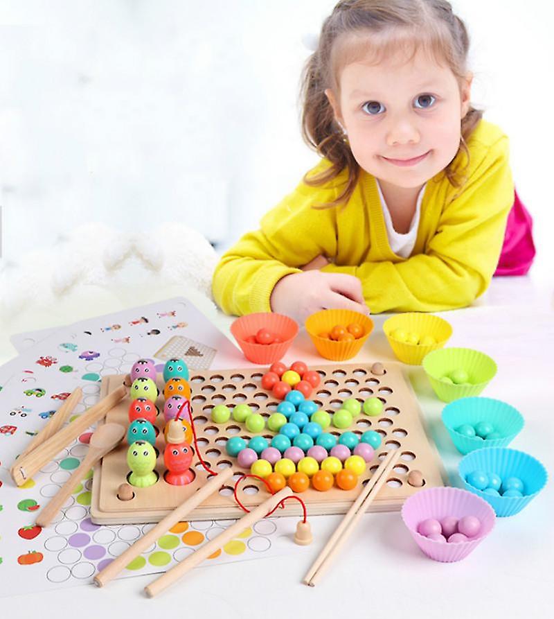 Fidtoy 3 in 1 Wooden Magnetic Fishing with Colorful Bead Holder Set, Wooden Color Sorting Bead Toy with Pattern Cards, Fine Motor Preschool Learning Toy Ages 3+