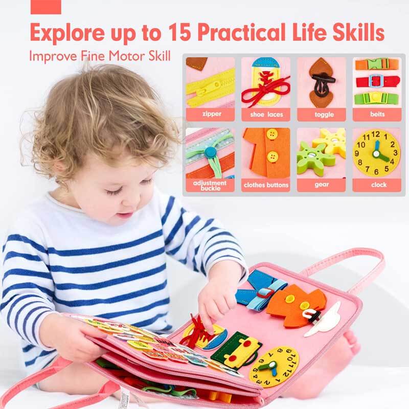 Fidtoy 8-in-1 Montessori Busy Board for Toddlers | Portable Felt Activity Toy for Learning Life Skills