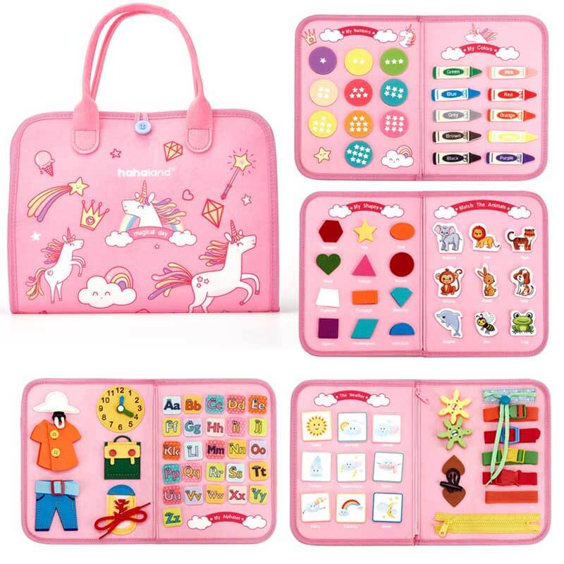 Fidtoy 8-in-1 Montessori Busy Board for Toddlers | Portable Felt Activity Toy for Learning Life Skills