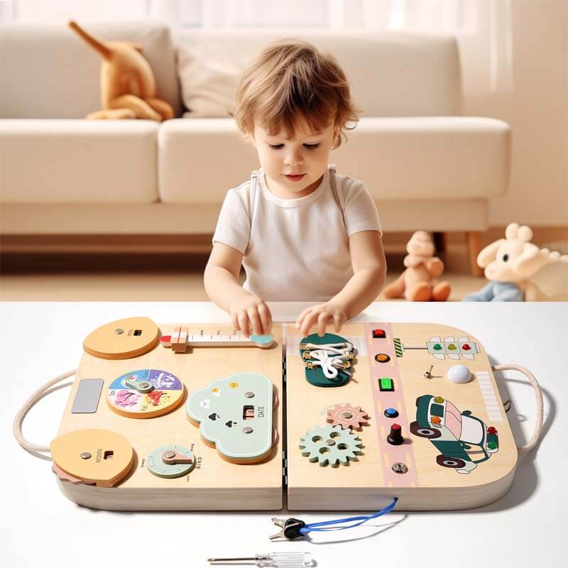 Fidtoy Montessori Busy Board for Toddlers – Dual-Sided Learning Toy for Fine Motor Skills, Problem Solving & Travel Play