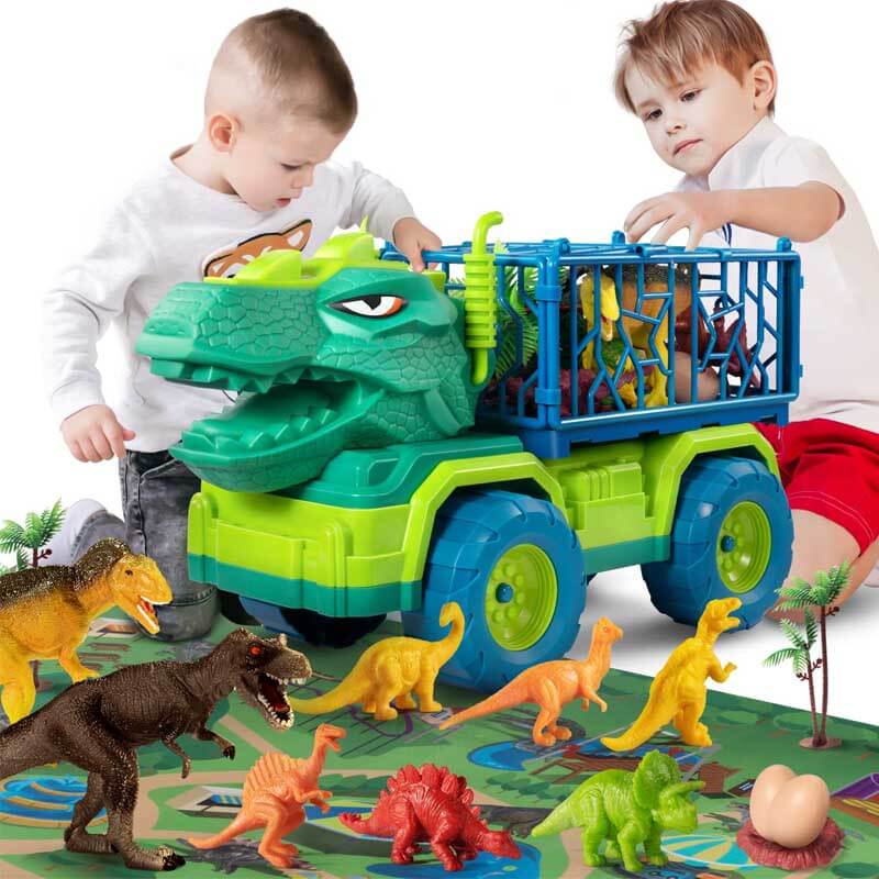 Fidtoy Camión transportador de dinosaurios con 15 dinosaurios realistas y tapete de actividades – Juguete STEM imaginativo para niños
