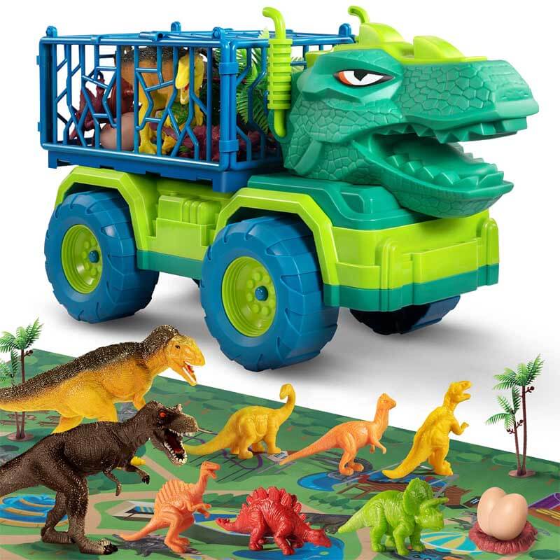 Fidtoy Camión transportador de dinosaurios con 15 dinosaurios realistas y tapete de actividades – Juguete STEM imaginativo para niños