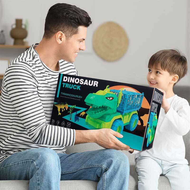 Fidtoy Camión transportador de dinosaurios con 15 dinosaurios realistas y tapete de actividades – Juguete STEM imaginativo para niños
