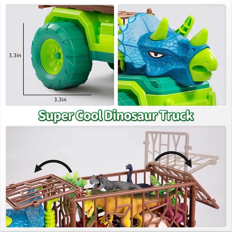 Fidtoy Camión transportador de dinosaurios con 15 dinosaurios realistas y tapete de actividades – Juguete STEM imaginativo para niños
