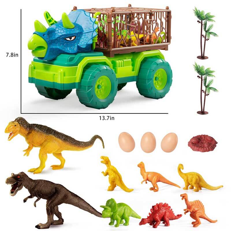 Fidtoy Camión transportador de dinosaurios con 15 dinosaurios realistas y tapete de actividades – Juguete STEM imaginativo para niños