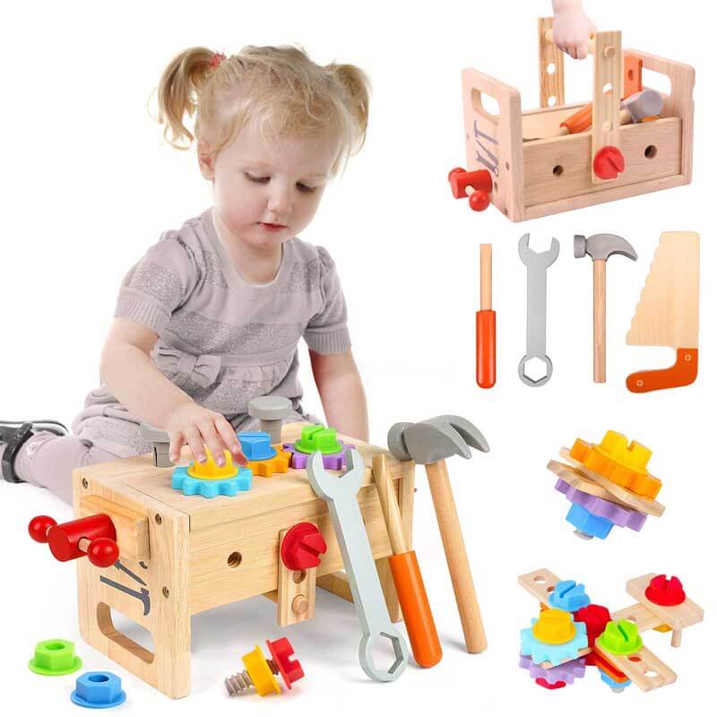 Fidtoy Wooden Construction Tool Box Set Montessori Toy for Kids