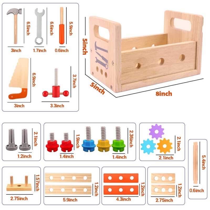 Fidtoy Wooden Construction Tool Box Set Montessori Toy for Kids