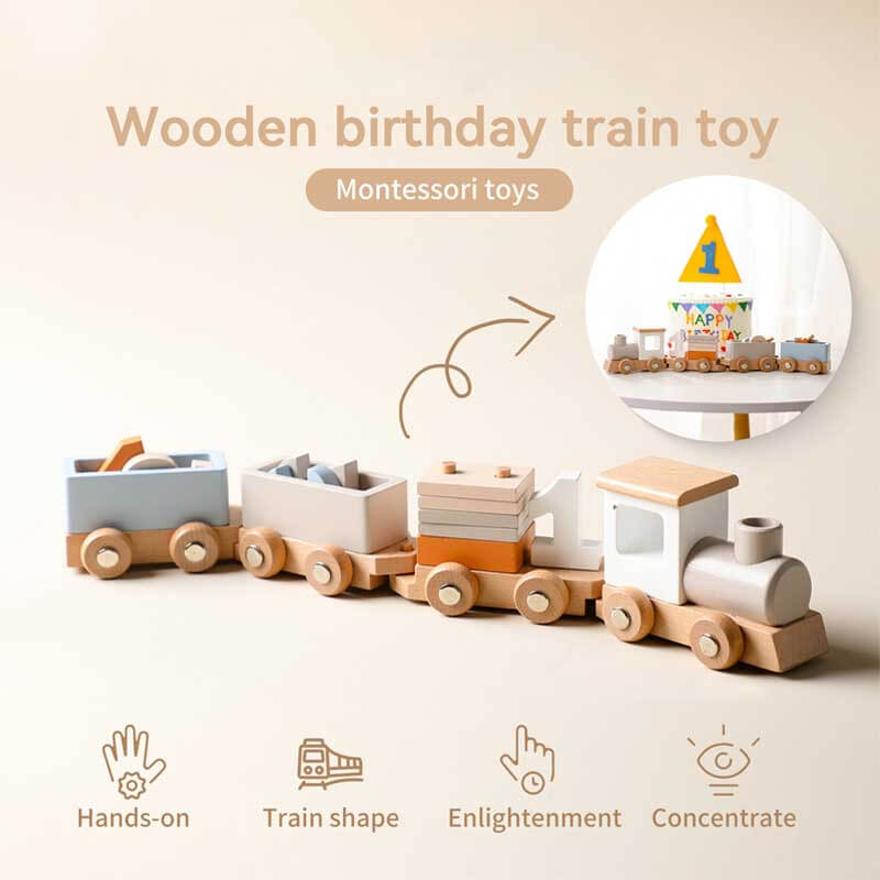 Tren de cumpleaños de madera Fidtoy con bloques numéricos | Juguete de aprendizaje Montessori para niños pequeños de 1 a 5 años