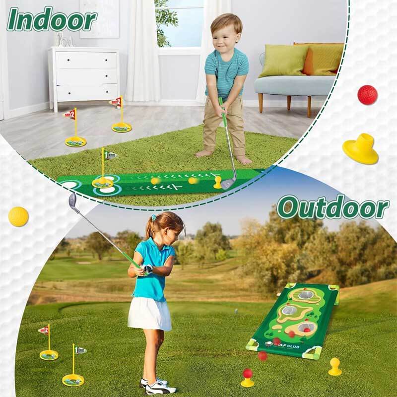 Fidtoy Kids Golf Set – Adjustable Toddler Clubs with Putting Mat & Cornhole Board
