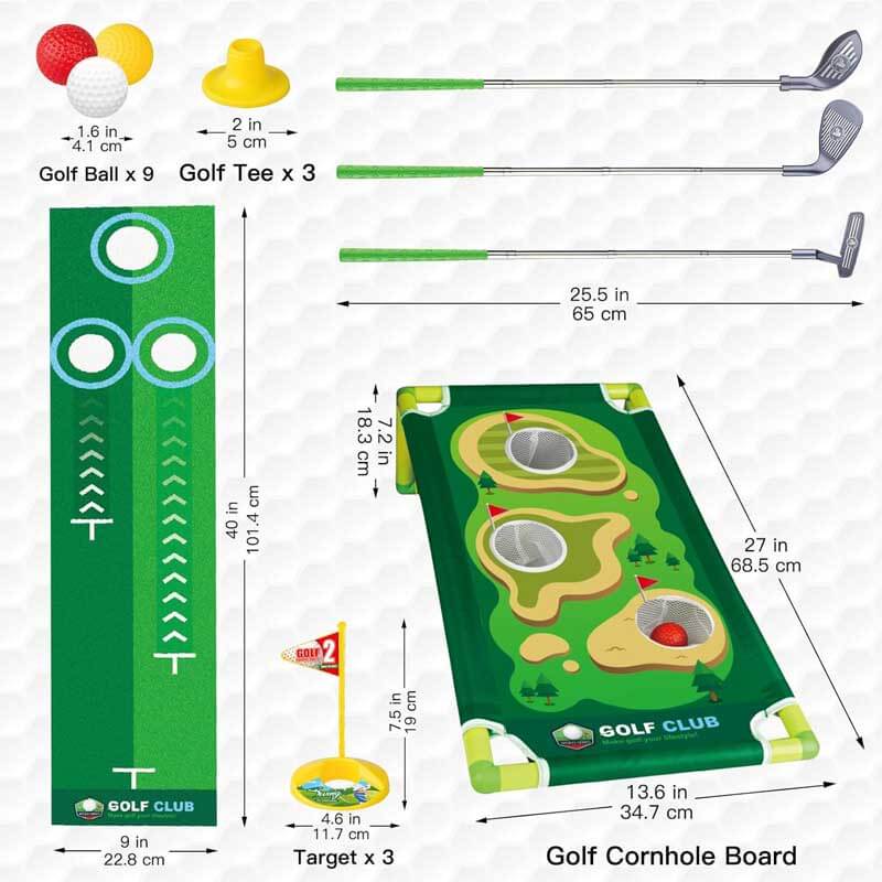 Fidtoy Kids Golf Set – Adjustable Toddler Clubs with Putting Mat & Cornhole Board