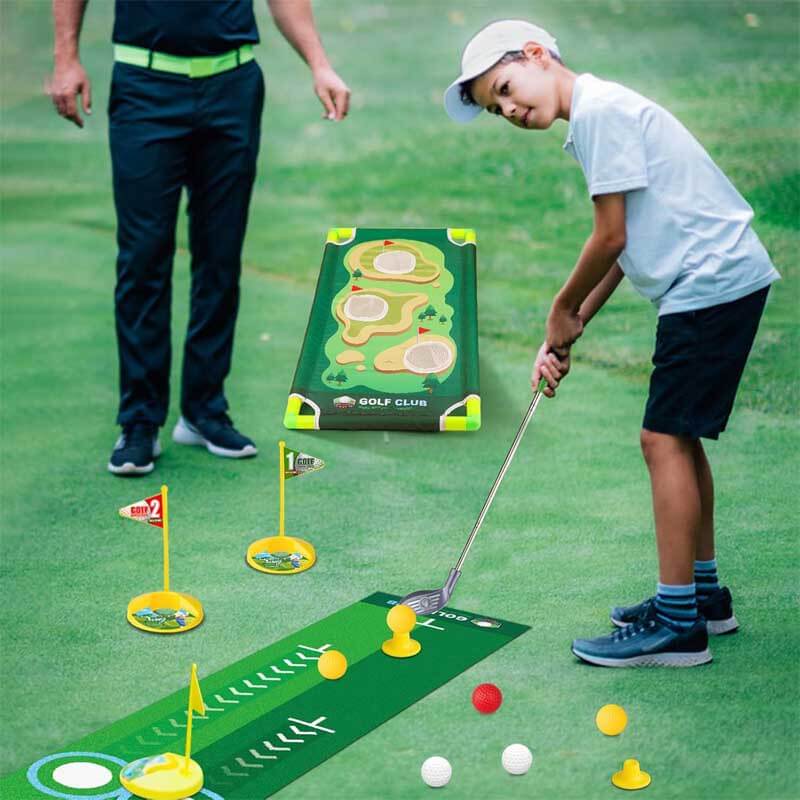 Fidtoy Kids Golf Set – Adjustable Toddler Clubs with Putting Mat & Cornhole Board