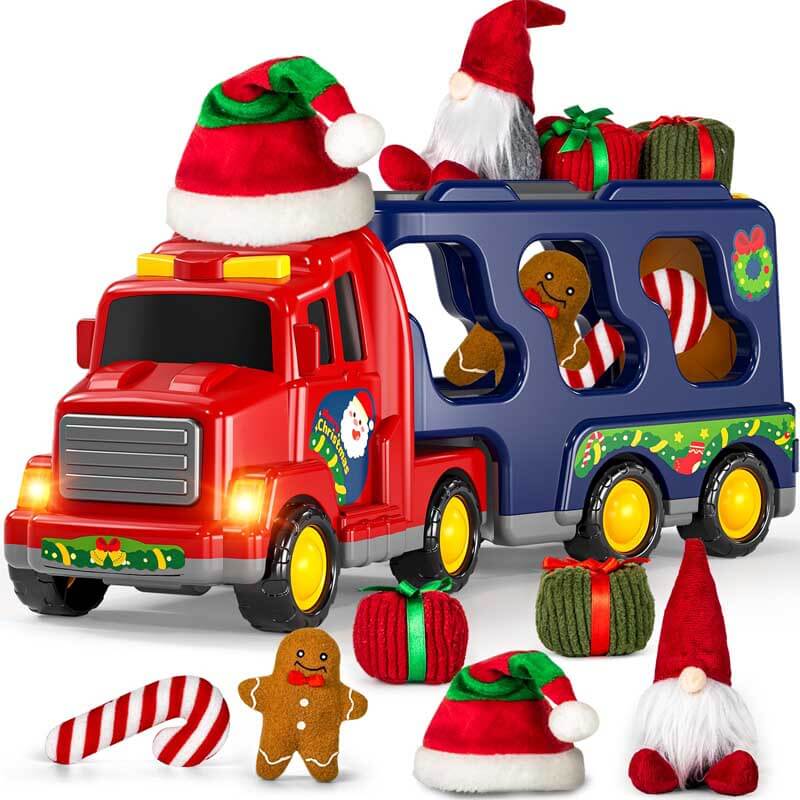 Juego de camiones de juguete Fidtoy Christmas para niños pequeños | Luces, sonido y accesorios navideños para edades de 3 a 7 años