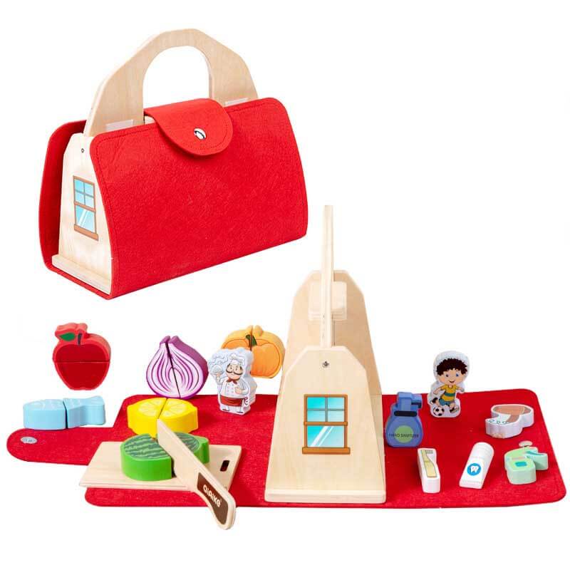 Fidtoy 2 in 1 Kitchen Bathroom Pretend Play Wooden Toy Set