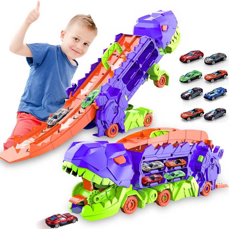 Fidtoy Dinosaur Transport Truck Toy 4 in 1 Race Track Playset