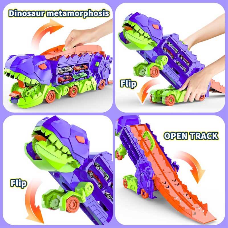Fidtoy Dinosaur Transport Truck Toy 4 in 1 Race Track Playset