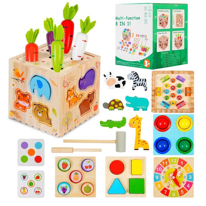 Fidtoy Cubo de actividades de madera 8 en 1 – Juguete de aprendizaje Montessori para niños pequeños