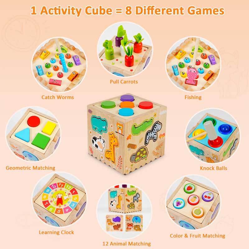 Fidtoy Cubo de actividades de madera 8 en 1 – Juguete de aprendizaje Montessori para niños pequeños