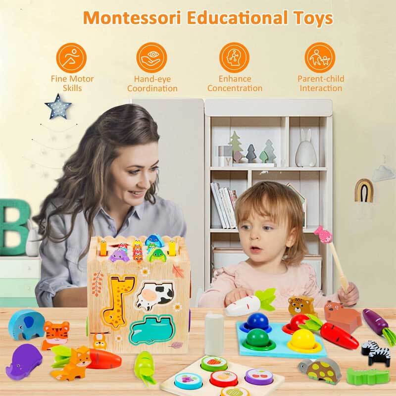 Fidtoy Cubo de actividades de madera 8 en 1 – Juguete de aprendizaje Montessori para niños pequeños