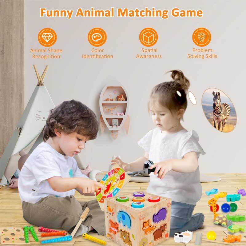 Fidtoy Cubo de actividades de madera 8 en 1 – Juguete de aprendizaje Montessori para niños pequeños