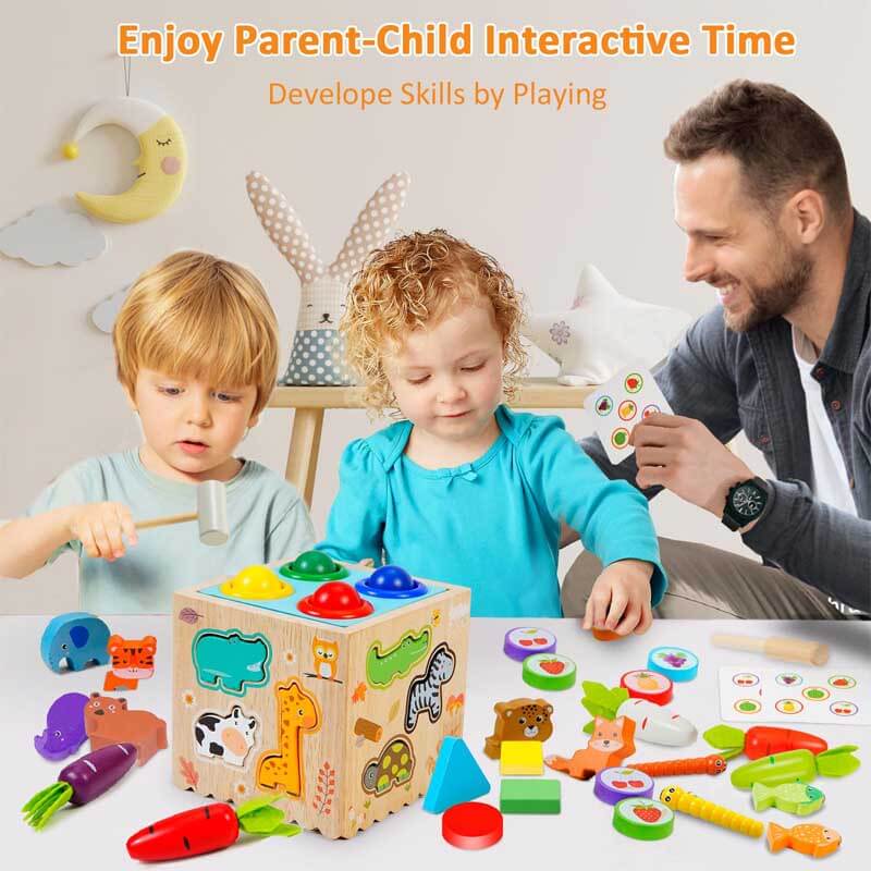 Fidtoy Cubo de actividades de madera 8 en 1 – Juguete de aprendizaje Montessori para niños pequeños