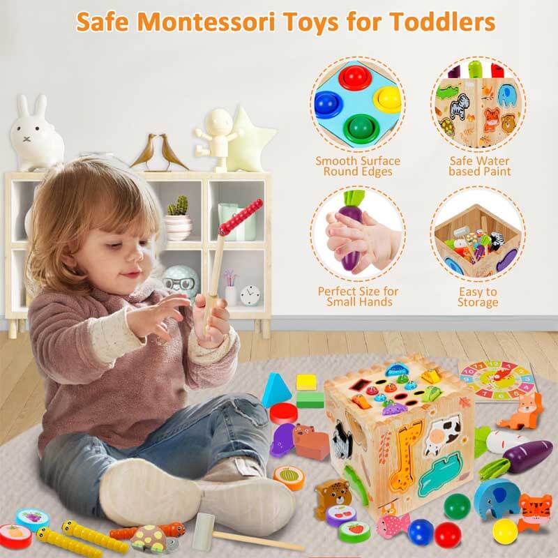 Fidtoy Cubo de actividades de madera 8 en 1 – Juguete de aprendizaje Montessori para niños pequeños