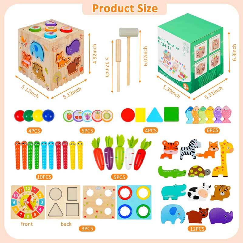 Fidtoy Cubo de actividades de madera 8 en 1 – Juguete de aprendizaje Montessori para niños pequeños
