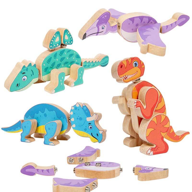 Fidtoy Bloques de construcción de dinosaurios de madera – Juguete educativo STEM para niños pequeños