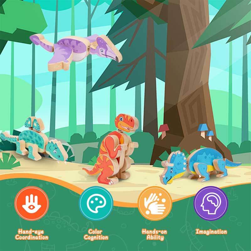 Fidtoy Bloques de construcción de dinosaurios de madera – Juguete educativo STEM para niños pequeños