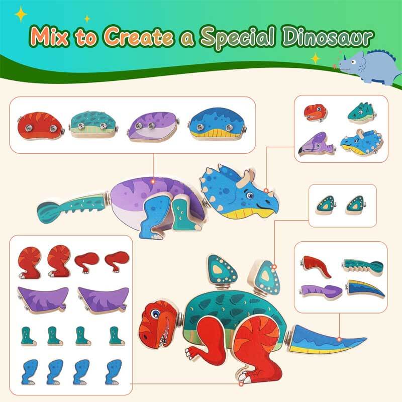 Fidtoy Bloques de construcción de dinosaurios de madera – Juguete educativo STEM para niños pequeños