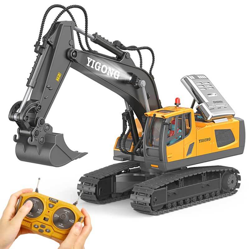 Fidtoy Excavadora de Juguete a Control Remoto, Camión de Construcción de 11 Canales con Pala Metálica, Luces y Sonido, Juguete STEM para Niños, Juego al Aire Libre