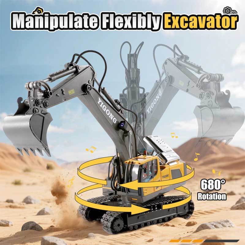 Fidtoy Excavadora de Juguete a Control Remoto, Camión de Construcción de 11 Canales con Pala Metálica, Luces y Sonido, Juguete STEM para Niños, Juego al Aire Libre