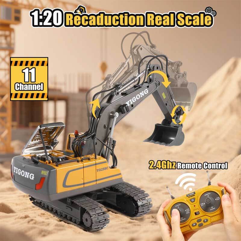 Fidtoy Excavadora de Juguete a Control Remoto, Camión de Construcción de 11 Canales con Pala Metálica, Luces y Sonido, Juguete STEM para Niños, Juego al Aire Libre