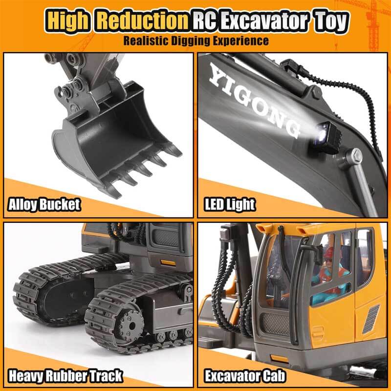 Fidtoy Excavadora de Juguete a Control Remoto, Camión de Construcción de 11 Canales con Pala Metálica, Luces y Sonido, Juguete STEM para Niños, Juego al Aire Libre