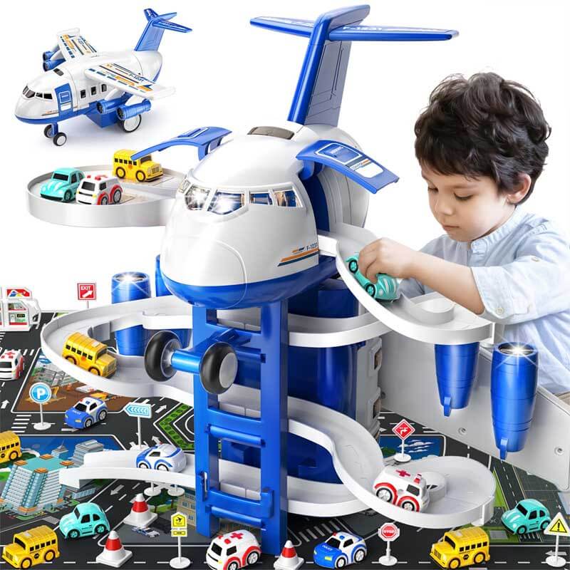 Fidtoy Set de Juguetes de Avión para Niños de 3 a 8 Años | Garaje de Varios Niveles y Juego Interactivo de Coches