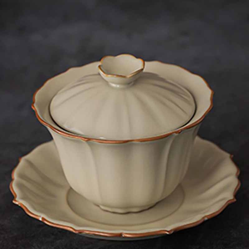 Buddha Stones Beige Plum Blossom Shape Peach Branch Ceramic Gaiwan Sancai Teacup Kung Fu Tea Cup With Lid Cup BS 9