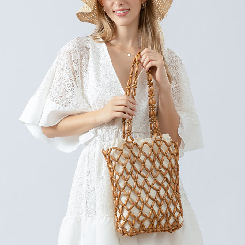 Buddha Stones Hand-woven Wooden Beads Shoulder Bag Handbag Shoulder Bag BS 14