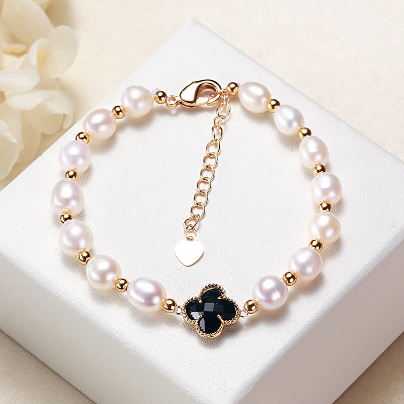 Buddha Stones Pearl Four Leaf Clover Wealth Chain Bracelet Bracelet BS Black Four Leaf Clover