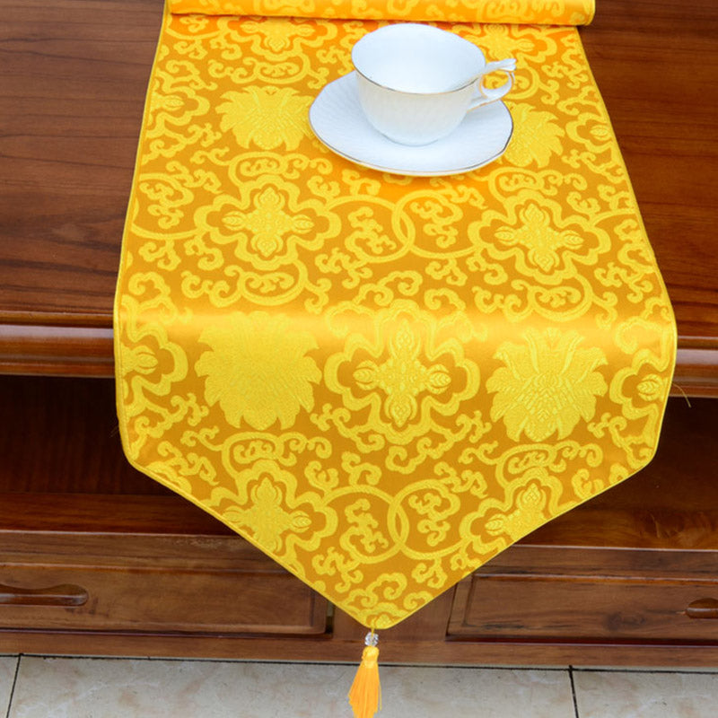 Buddha Stones Prayer Altar Flower Vajra Dragon Pattern Tibetan Auspicious Symbols Tassels Jacquard Table Runner Prayer Altar BS 9