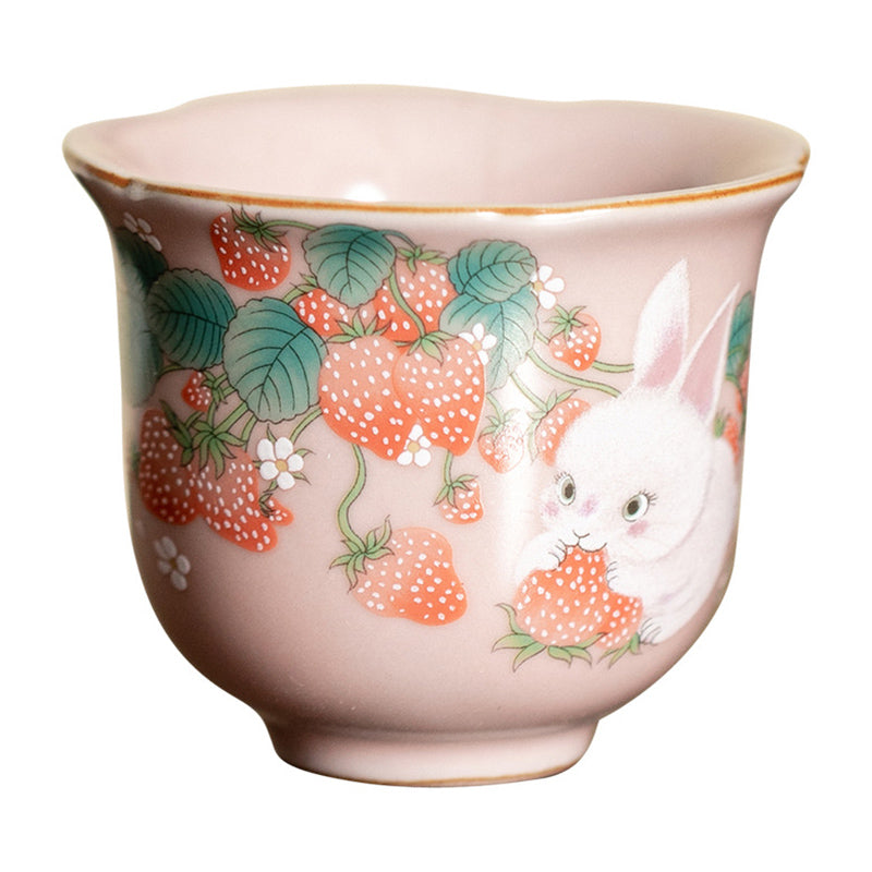 Buddha Stones Cute Strawberry Rabbit Flower Ceramic Teacup Kung Fu Tea Cup 55ml Cup BS 16